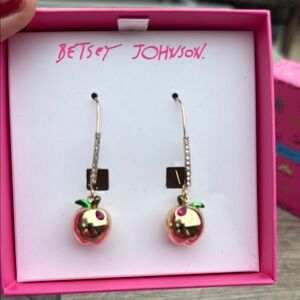 NWT! Betsey Johnson Gold Apple Rhinestone Dangle Earrings